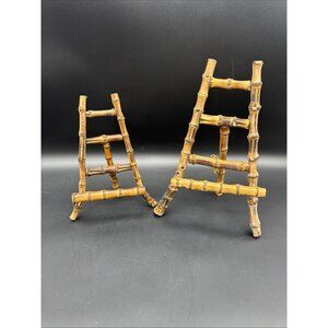 Vintage Chinoiserie Burnt Bamboo Tabletop Art Plate Stand Display Easel 10”, 7.5